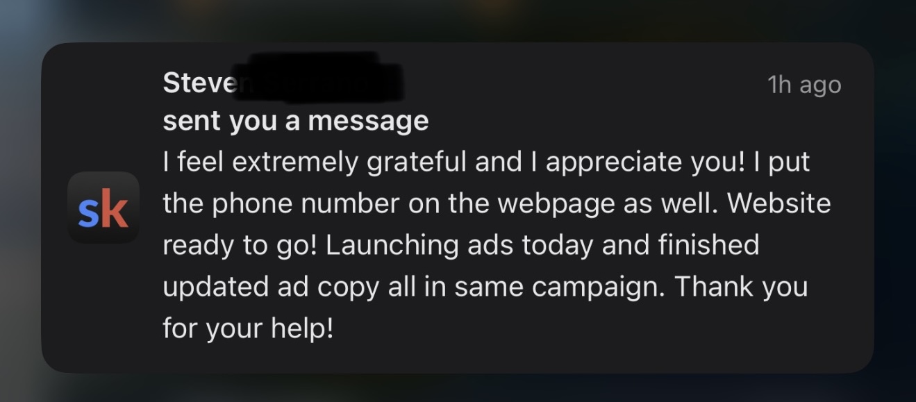 A student message thanking us.