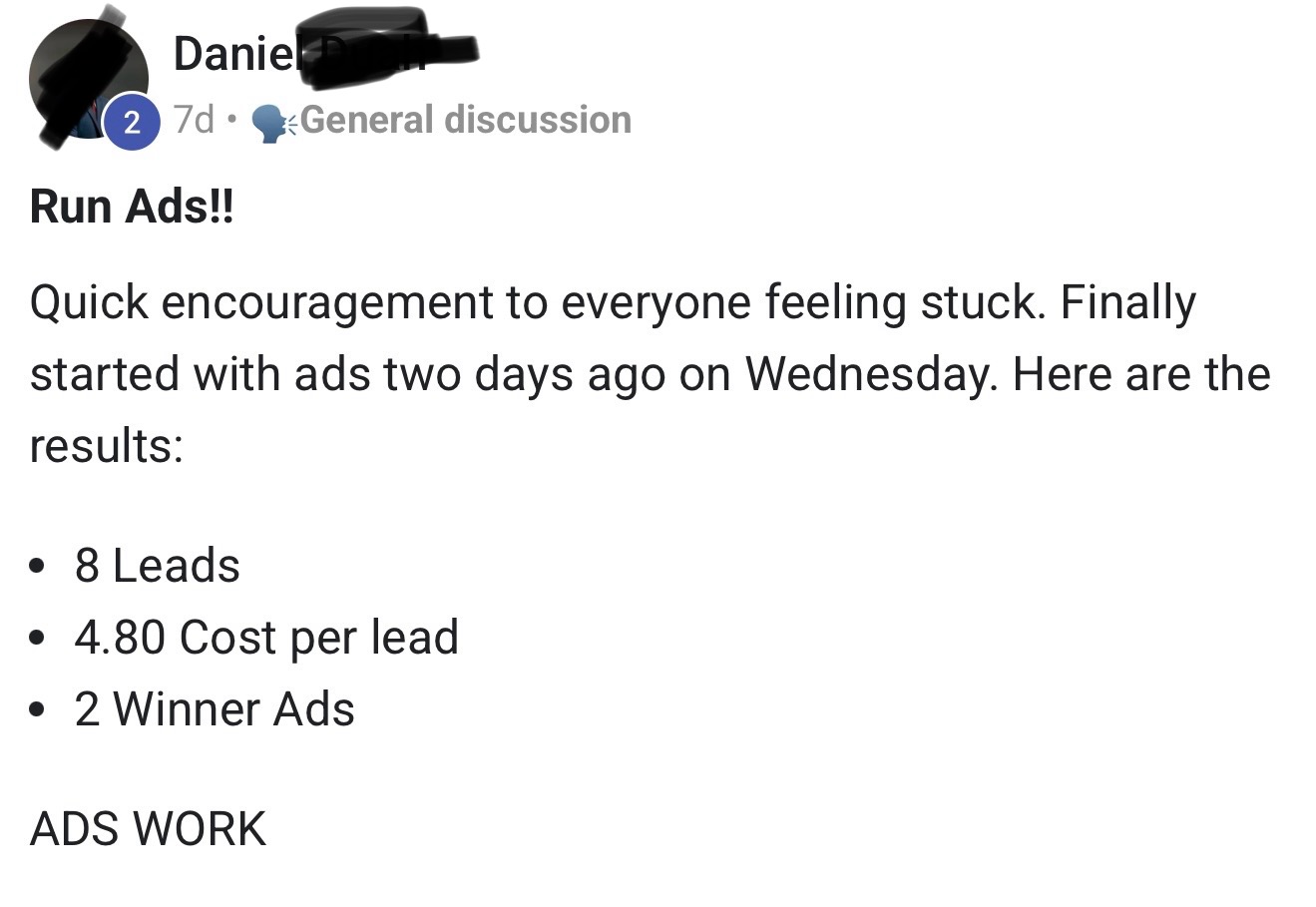 A public post two days in: 8 leads, 4.80 per lead, 2 winner ads.