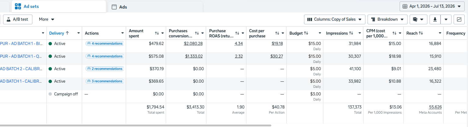The new brand's Meta ad account, name removed, showing the top purchase ad set at 4.34x return on ad spend, 479 dollars into 2,080 dollars, on the first campaign.